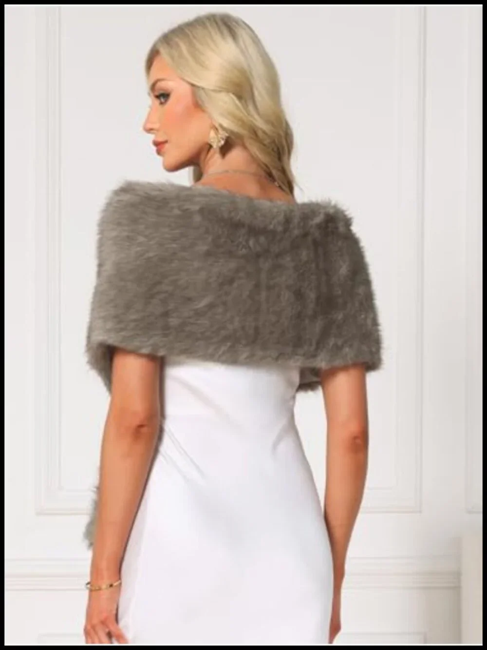 Faux Fur Shawl Wrap for Wedding Bridal Winter Cape Stole with Rhinestone Brooch